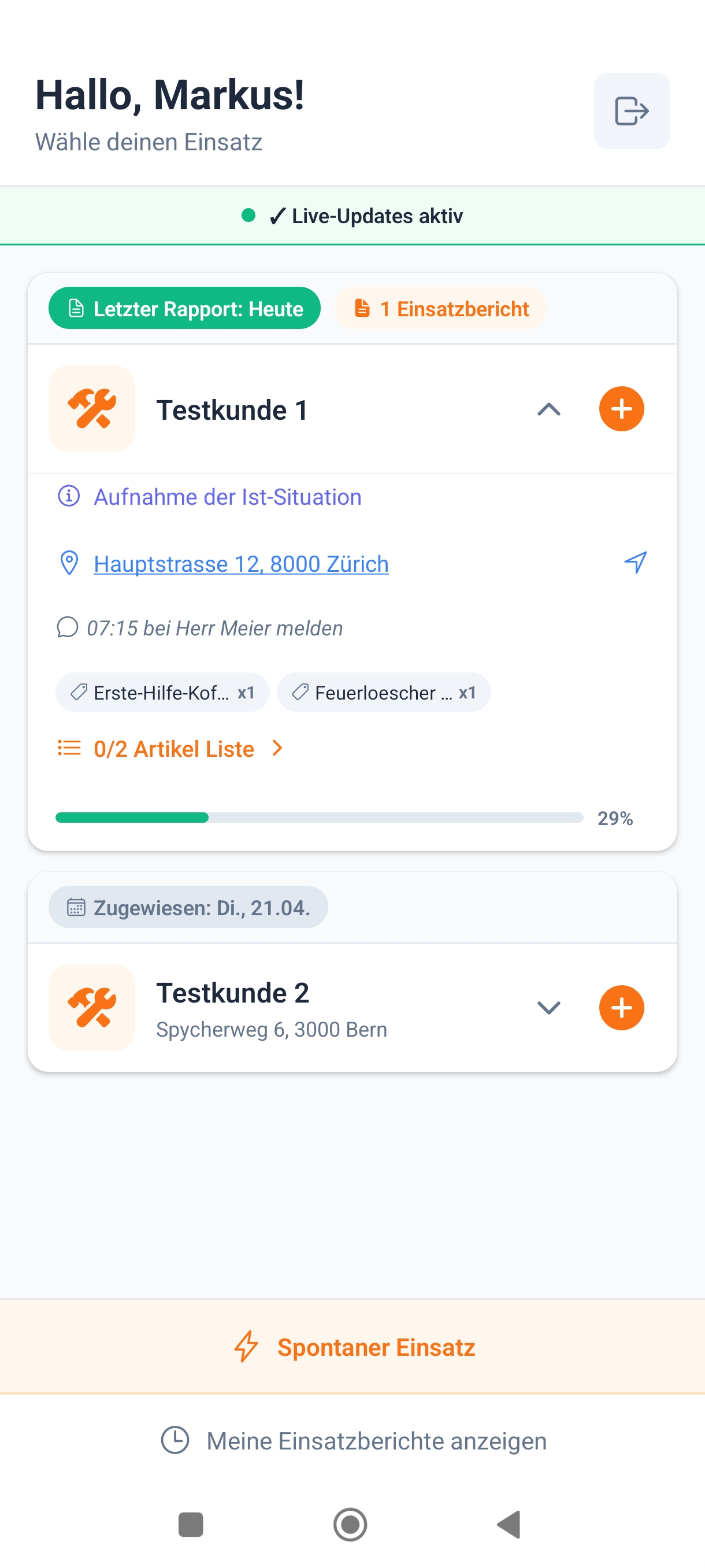 Startbildschirm — Einsatzliste mit Live-Updates